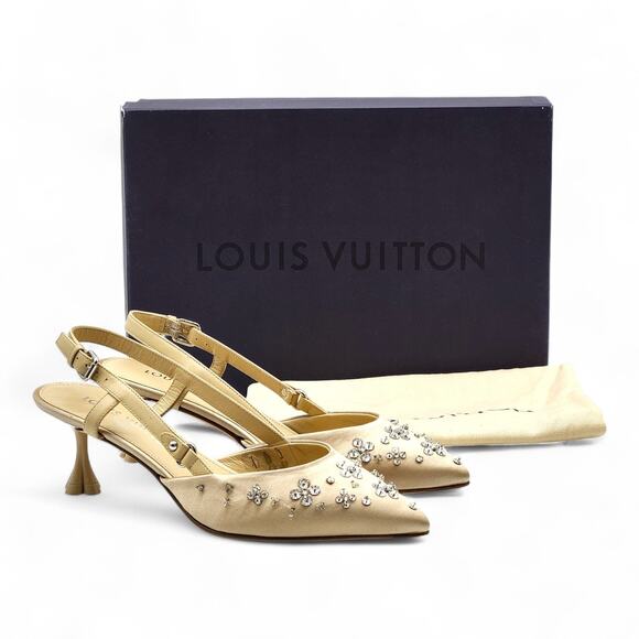 Louis Vuitton Mirage Blossom Slingback Heels Satin Crystals Gold EU 36 US 5.5 - Picture 1 of 10